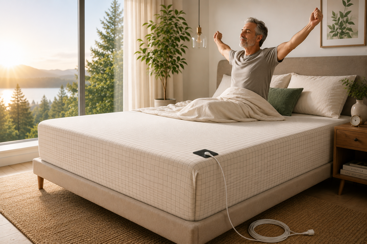 Grounding sheets — silver-fiber fitted sheet on a neatly made bed in soft morning light